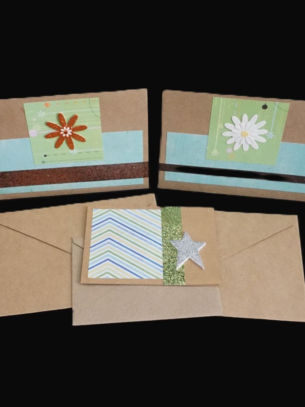 Set of 3 Kraft Happy Birthday Handmade Greeting Note Cards Green, Blue, and Teal